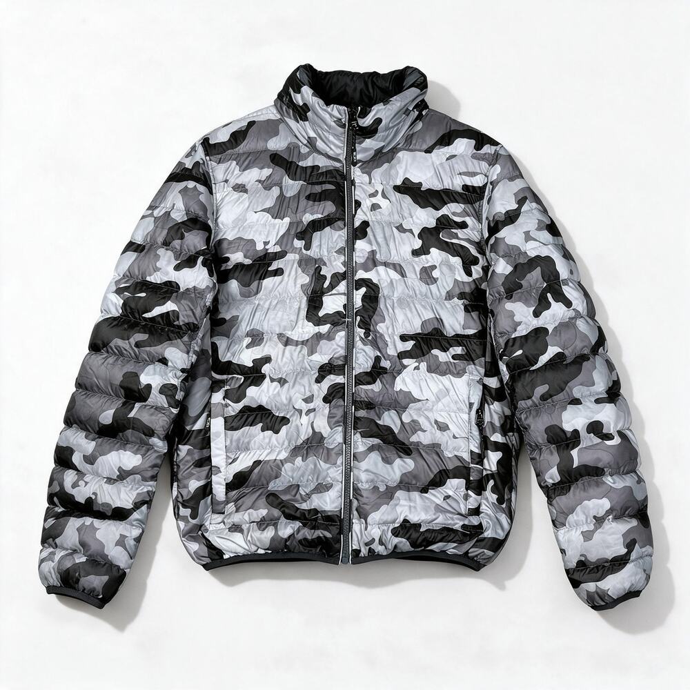 TUMI Reversible Down Puffer Jacket Gray Camo Full Zip Stand Collar Men's Small